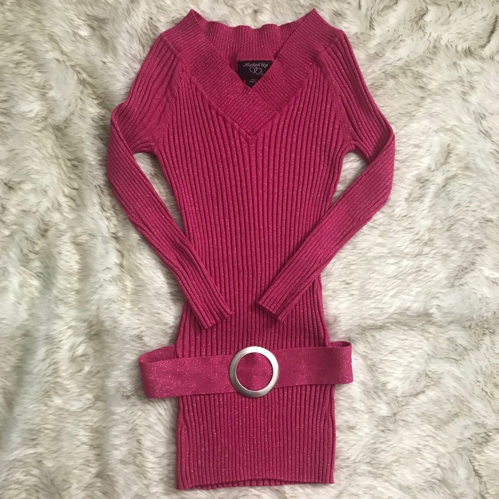 Pink v-neck sparkly ribbed long dressy top